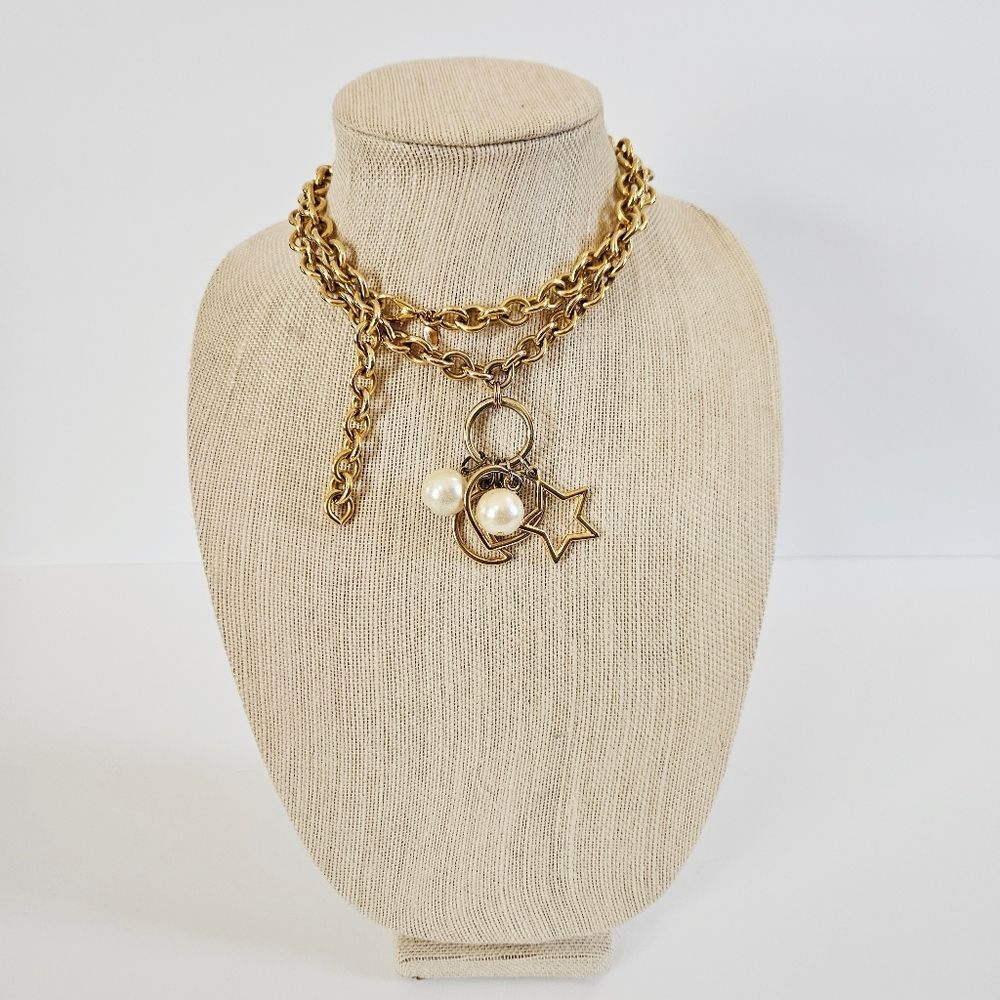 Carolee Vintage Gold Tone Chunky Chain Moon Star Heart Charm Faux Pearl Necklace